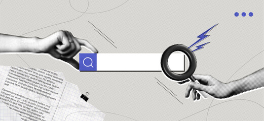 Trendy Halftone Collage Hand with magnifying glass and search bar. Hire online. Find information in internet browser. Seo marketing concept. Dotted pop art. Contemporary vector illustration art