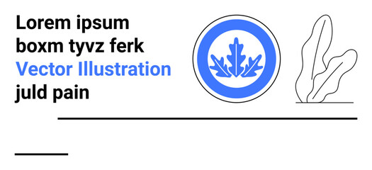 Circular blue emblem with leaf design, bold placeholder text, and minimalist plant sketch. Ideal for branding, nature-themed designs, eco-focused messages, modern layouts, presentations, templates