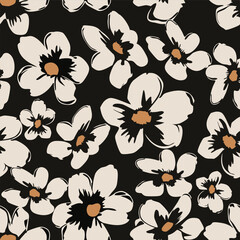 Black and beige floral pattern with dark background. Seamless pattern with florals for fabric, textiles, clothing, wrapping paper. Vector illustration