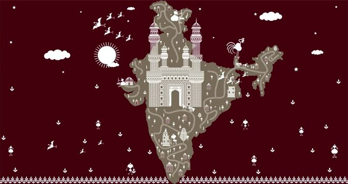 india map, Charminar, Hyderabad, Telangana, India heritage site, warli art map design, drawing , kachindo art, graphic art brown background vector illustration, beautiful art wallpaper, web page