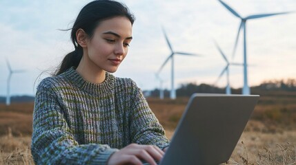 Young asian female working on laptop in wind turbine field