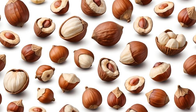 Hazelnuts Seamless Pattern, Whole and Halved