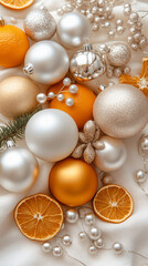 Christmas ornament citrus slice pearl bead silver bauble orange fruit holiday decoration evergreen branch winter celebration sparkle dried lemon festive garnish seasonal layout wallpaper advertising