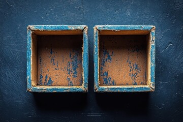 Rustic blue wooden square boxes, empty containers with weathered vintage textures offer unique visual appeal. The wood shows a lot of old vibes.