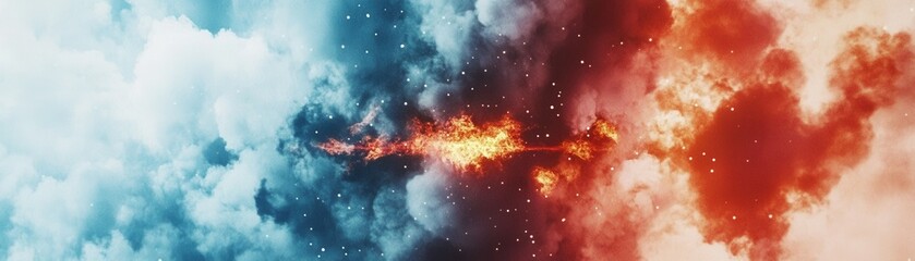 Fototapeta premium A stunning image captures a vibrant sunset where fiery hues of orange and red blend seamlessly with soft, billowing clouds, creating a breathtaking display of nature's beauty.