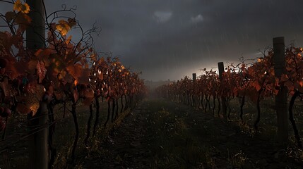 Obraz premium Autumn Vineyard in the Rain Sunlit Vines and Dark Clouds