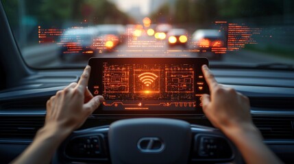 Futuristic Car Dashboard with Touchscreen Display and Connectivity Features