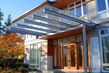 Modern residential architecture featuring a sleek glass canopy entrance surrounded by autumn foliage