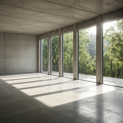 Fototapeta premium Modern Concrete Room with Panoramic Forest View