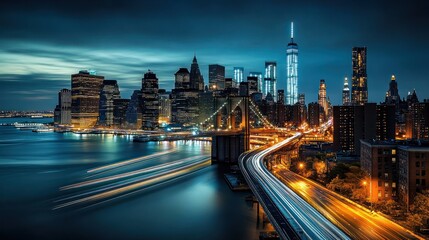 Obraz premium Night cityscape, Manhattan bridge, traffic, harbor, urban panorama, travel
