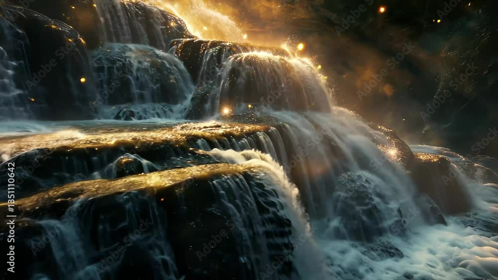Poster cascading waterfalls of digital sparks create a mesmerizing view at twilight, enhancing the natural 