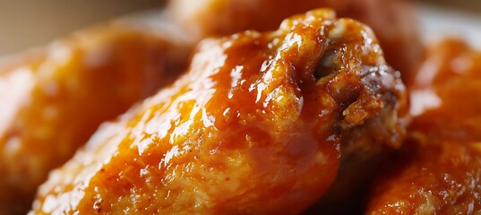 A close-up of a crispy chicken wing dipped in buffalo sauce