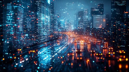 Fototapeta premium Vibrant Night Cityscape with Glowing Lights and Rainy Atmosphere