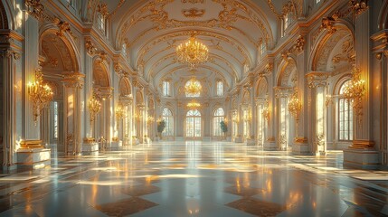 Fototapeta premium The grand palace hall, opulent with gold, reflects light off ornate architecture. Majestic columns frame this stunning scene.