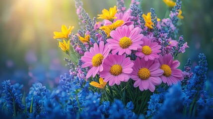 Obraz premium Colorful wildflowers bloom in a sunny meadow creating a vibrant natural display