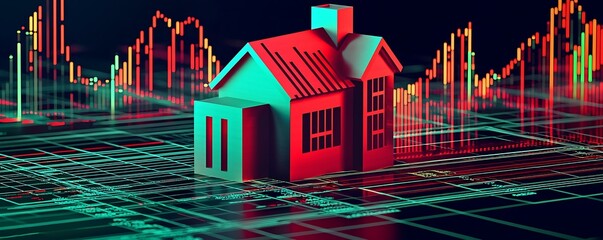 A bold financial graph with sharp red and green lines, contrasting blocks, and a striking house design on a black background