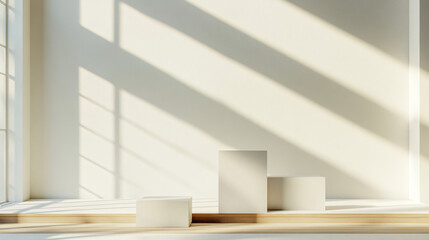 Fototapeta premium Bright room featuring a window and table with minimalist design elements and bold geometric shapes creating a calm atmosphere.