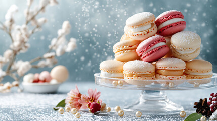 Colorful macaron dessert stack sweet pastry round treat glass stand flower decoration pastel display gourmet bakery elegant detail sugar almond cookie delicate festive snack marketing commercial