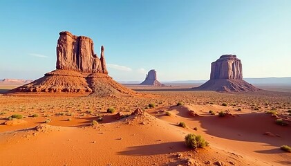 Naklejka premium Desert landscape with a single rock formation, barren, arid