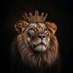 Fototapeta premium Majestic Lion King Wearing a Golden Royal Crown on a Dark Background