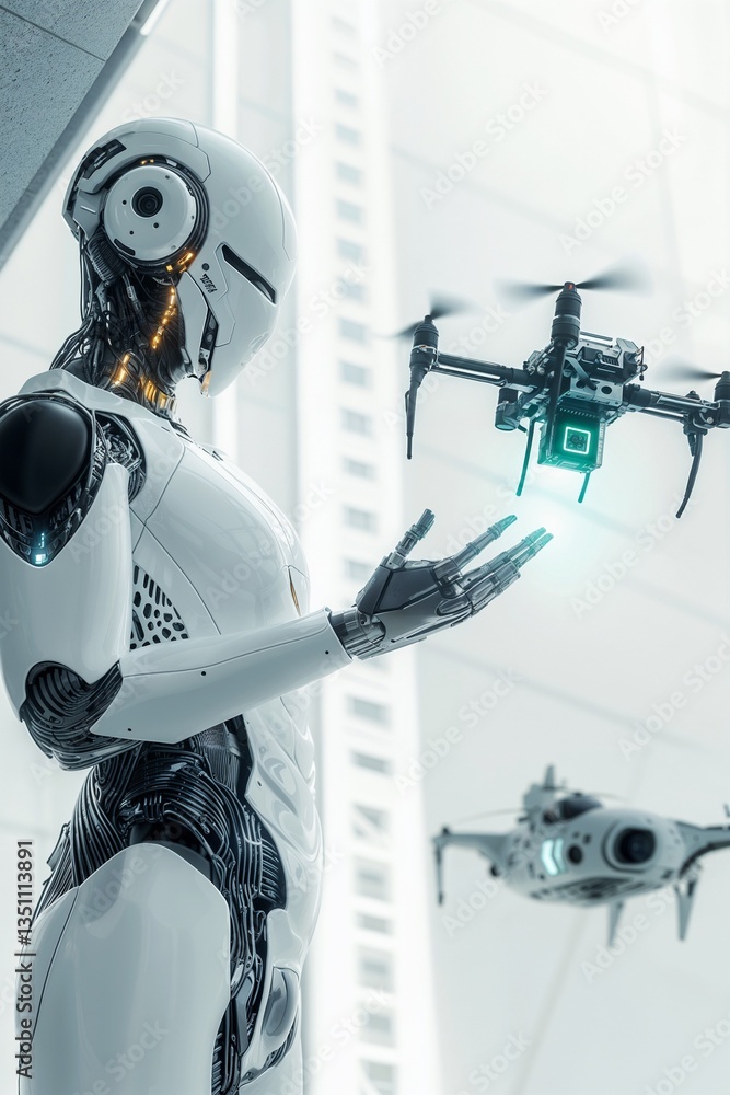 Aufkleber futuristic ai robot controlling drones – advanced cybernetic technology