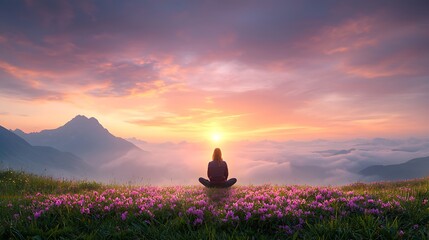 Obraz premium Meditative woman amidst spring flora nature landscape sunset serenity peaceful view