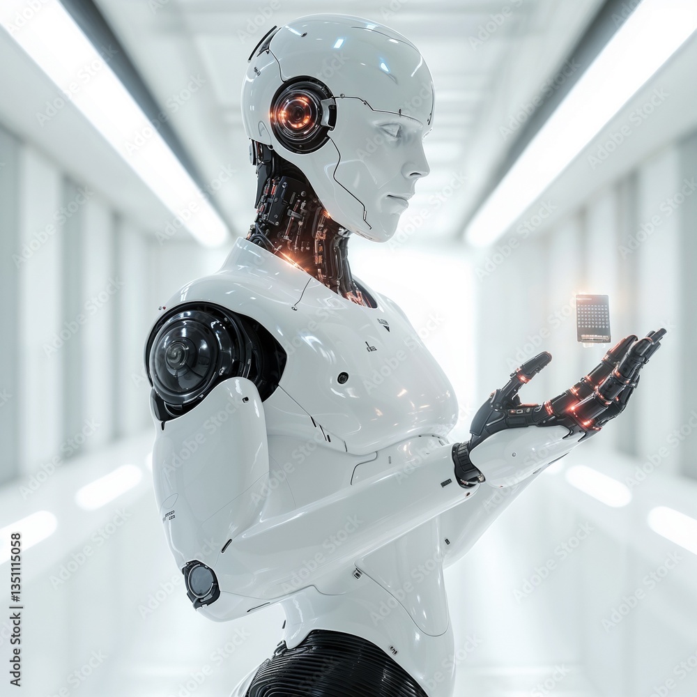 Poster futuristic ai robot with microchip - advanced cybernetic technology