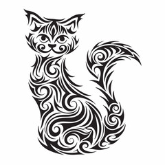 Artistic Cat Illustration: An intricate illustration of a stylized cat, rendered in a bold black and white design with swirling patterns and elegant curves.