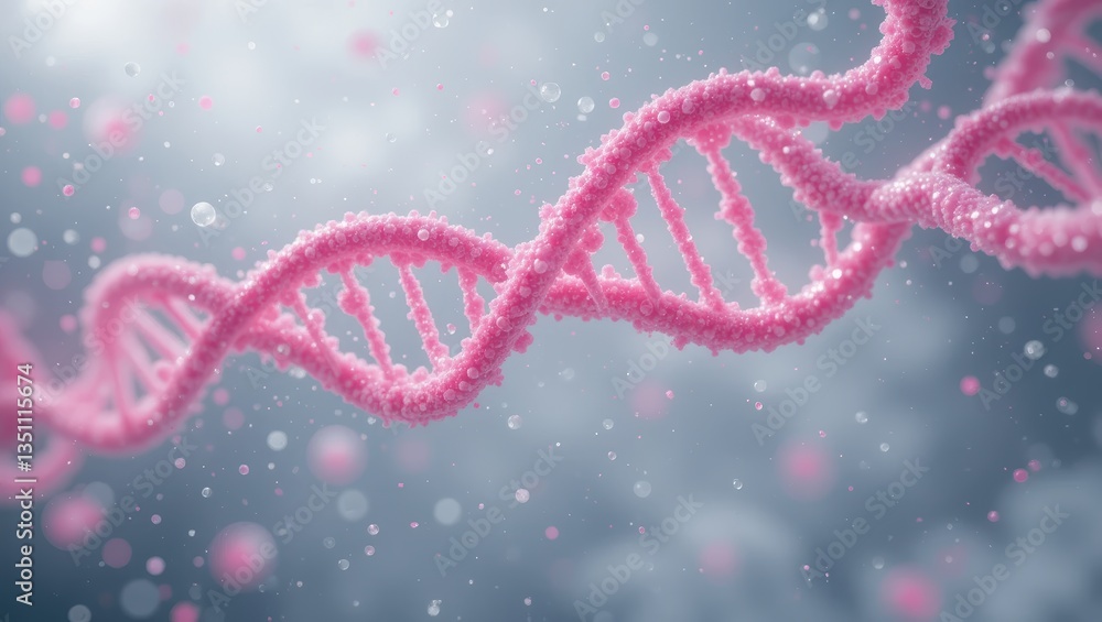 Poster abstract visualization of pink dna structure on a soft gray background with floating particles