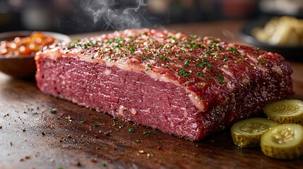 Juicy Sliced Beef Brisket with Spices and Garnishes on Wooden Board