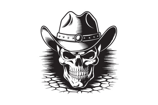 Skull Cowboy hat Black and White Vector