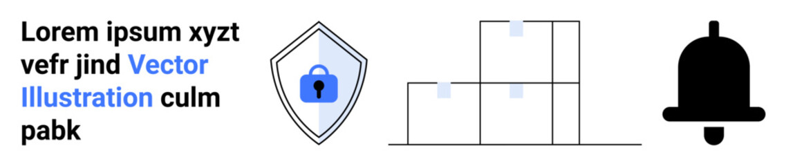 Shield with lock symbolizing security, stacked boxes for storage, notification bell for alerts. Ideal for safety, warehouse, logistics, communication, e-commerce, data protection flat landing page