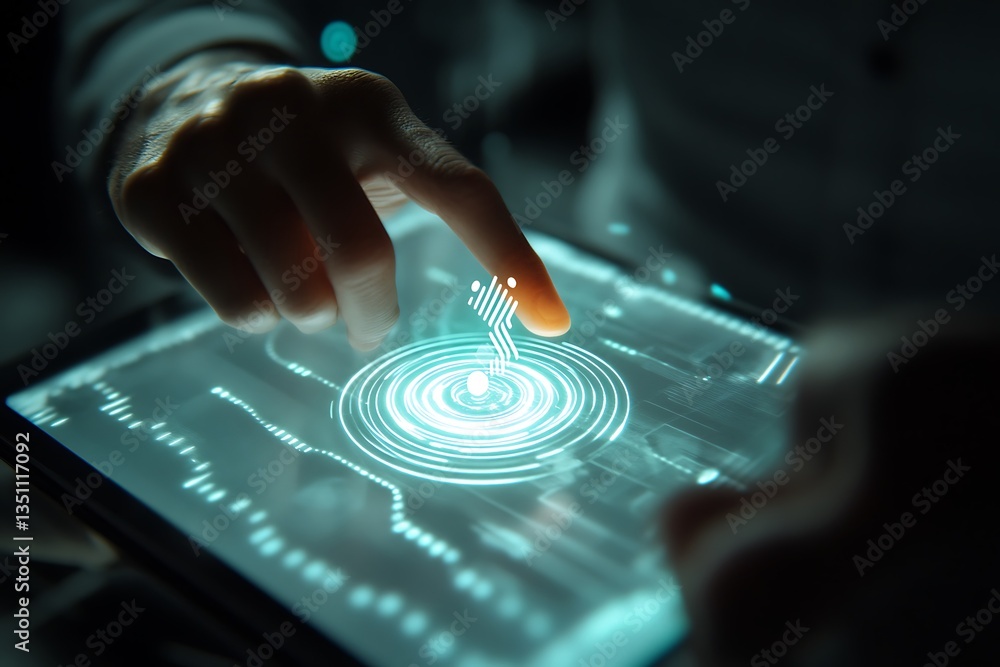 Poster hand pushing a button on the touch screen interface