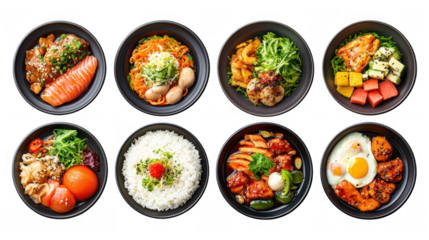 Explore diverse bowls featuring rice, tasty meals, cuisine's best dishes! Load up on fresh vegetables, protein, and flavorful toppings, crafting delicious food ingredients.