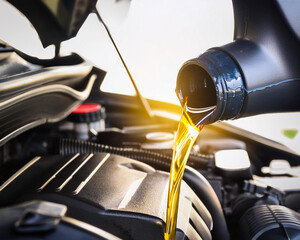 Obraz premium Changing the oil in a car maintenance business while pouring lubricant from a black bottle onto the engine background