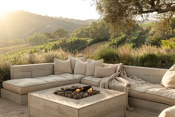 Cozy outdoor lounge area with a fire pit, surrounded by vineyards and hills at sunset