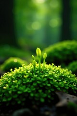 Green moss with tiny seeds sprouting in a shaded forest area, flora, harvest