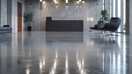 Modern office lobby with sleek furniture, polished floor, and ambient lighting, showcasing a welcoming atmosphere