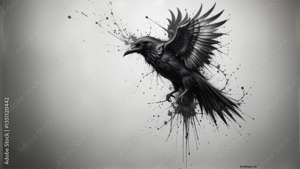 Aufkleber dynamic abstract artwork of a black crow in flight with ink splatter background