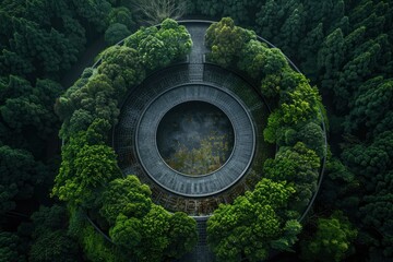 Aerial view of a circular architectural structure surrounded by lush greenery in a serene landscape