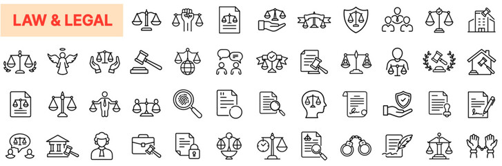 Law & Legal Icons – Justice Scales, Courtroom, Gavel, Legal Documents, Rights, Protection, Jurisdiction