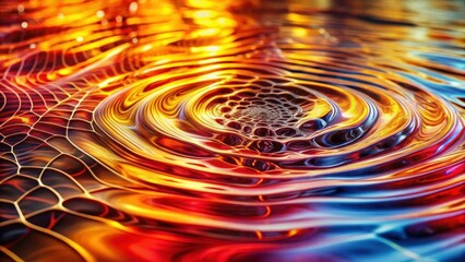 Red and yellow hues mix and mingle in a watery environment, producing an intricate web-like design that seems to shift and change as it ripples and flows , abstract, red