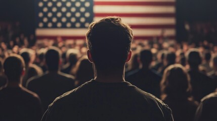 Fototapeta premium A lone figure stands before a large crowd, silhouetted against a massive American flag, symbolizing unity, patriotism, and the collective American spirit.