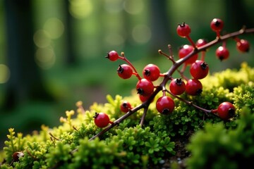 Obraz premium Lingonberry sprigs entwined with green moss and red berries, earthy tones, moss, forest