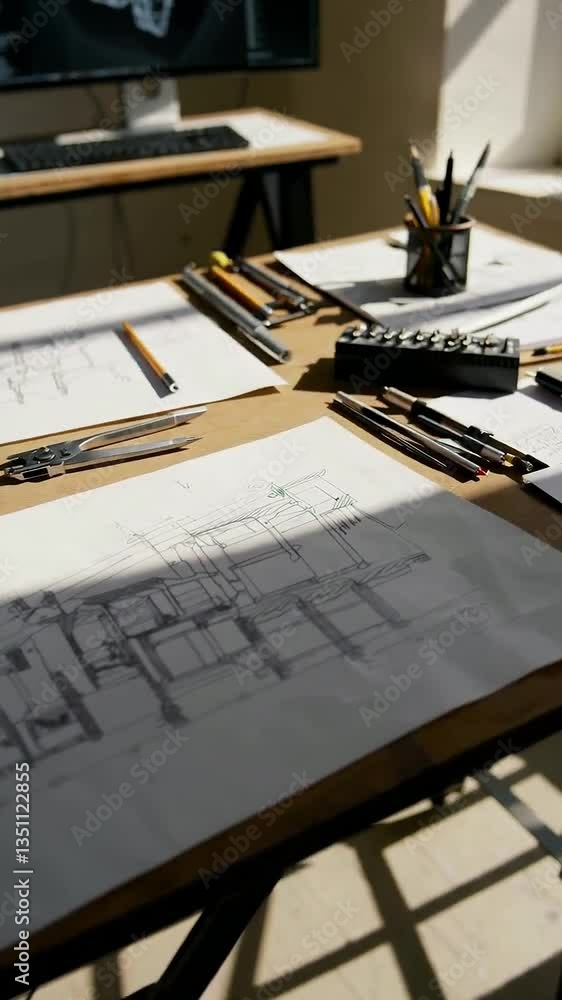 Poster architectural design timelapse: drafting table with blueprint progression