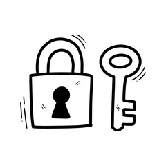 Hand Drawn Padlock and Key Illustration. Doodle Vector. Isolated on White Background - EPS 10 Vector