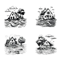 Naklejka premium Flood Hand Drawn Doodle Icons isolated white background