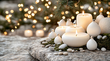 Teardrop candle arrangement winter holiday decor pebbles glowing flame spa ornament zen balance light natural stone peaceful tranquil indoor relaxation minimal aesthetic home heat pile calm snow soft