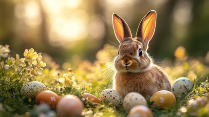 Easter bunny in a field with eggs at sunrise