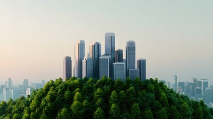 Fototapeta premium Urban Skyscrapers Surrounded by Lush Green Hills at Sunrise